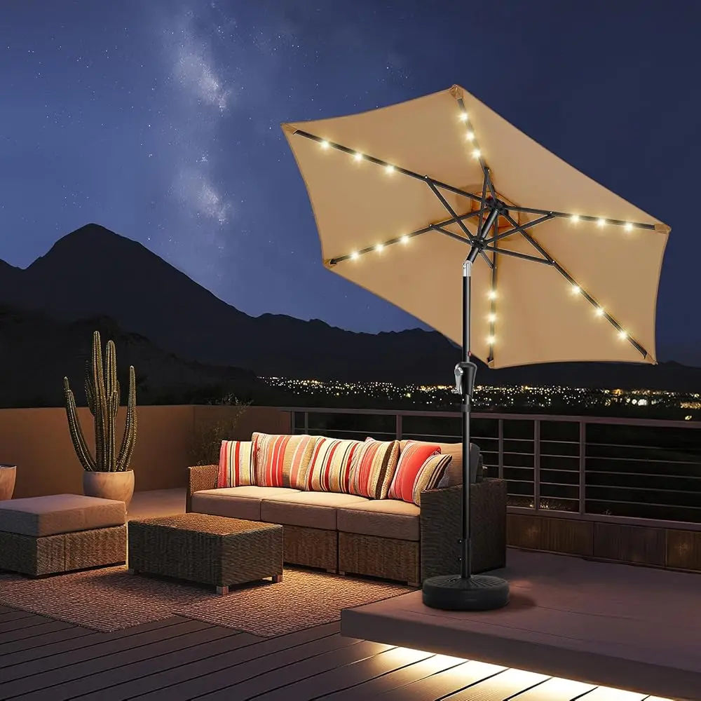

7.5Ft Solar Patio Umbrella - Solar Lights Led Lighted Outdoor Market Table Umbrella, Upf50+ Uv Protection With Push Button