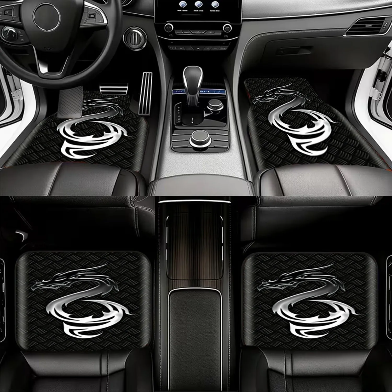4pcs Stylized Dragon Design Car Floor Mats | Sleek Modern Black-White Gradient Silhouette, Polyester Fiber, Durable Auto Floor L