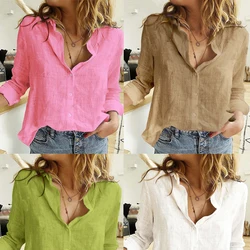 New Elegante Algodão Linho Camisas Mulheres Casual Sólida Botão Lapela Blusas Camisas Primavera Verão Manga Longa Solta Tops Túnica Blusas