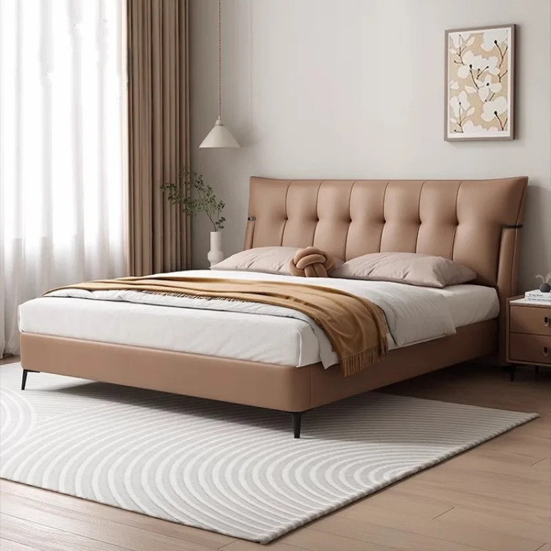 Minimalistisches, modernes, minimalistisches Lederbett, Hauptschlafzimmer-Doppelbett, Waffelstruktur, italienischer leichter Luxus, weiche Tasche, großes Hochzeitsbett