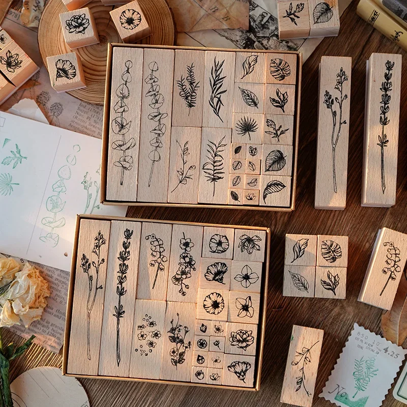 22pcs/set Wooden Rubber Stamps Vintage Plant Flower Stamps DIY Handmade Craft Scrapbooking Diary Planner Journal Decorations