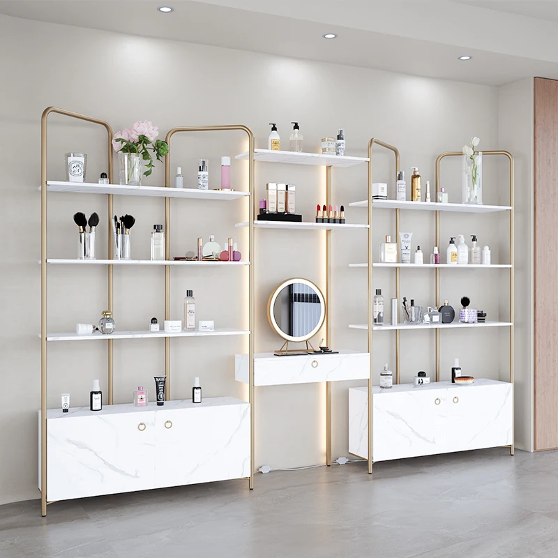 

Light luxury style multi-layer display cabinet with light rack and mirror cabinet in cosmetics and beauty salon
