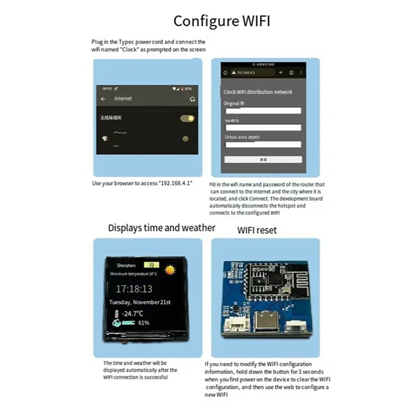 Orologio meteorologico AK51-Wifi ESP32-C3 Schermo a colori TFT da 1,54 pollici Display della temperatura e dell'umidità Modulo multifunzione