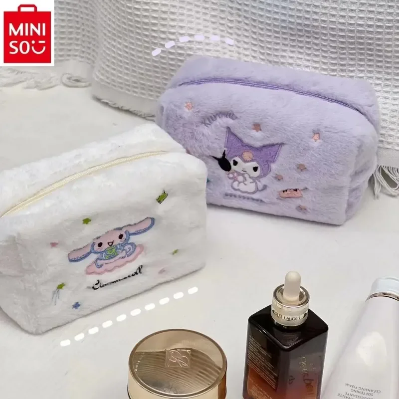 MINISO Sanrio Cartoon Hello Kitty Embroidered Makeup Bag for Women Sweet Kuromi Large Capacity Plush Storage Bag