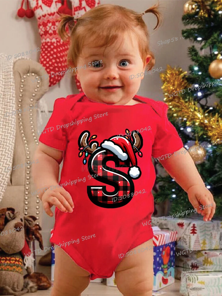 

Red Christmas Alphabet Cotton Comfortable Baby Onesie Bodysuit Baby Jumpsuit Cartoon Letter Print for 0 To 24 Months Newborn