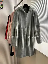 YUDX Miyake Pleated Solid Fashion Hooded Women's Jacket 2024 Autumn Winter New Long-sleeved Slim Single-breasted Cotton Jacket