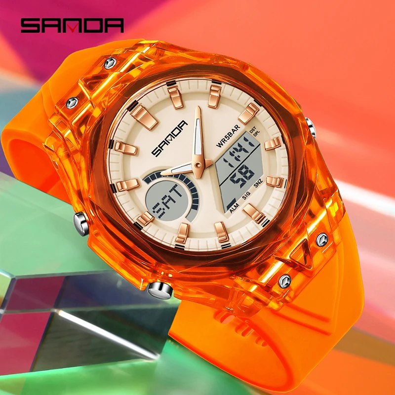 SANDA 6283 ساعات كوارتز إلكترونية عصرية للرجل عرض مزدوج للطلاب ساعة منبه مضيئة مقاومة للصدمات ساعة رقمية رياضية #2