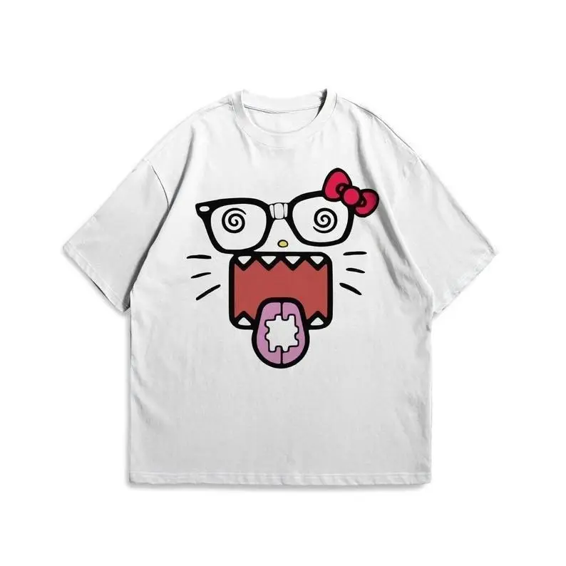 Aesthetic Cute Sanrio Fashion Tops Y2K Vintage Tee Hello Kitty Domo-Kun Bold Graphic Tee for Men Women Retro 90s T-shirt Grunge