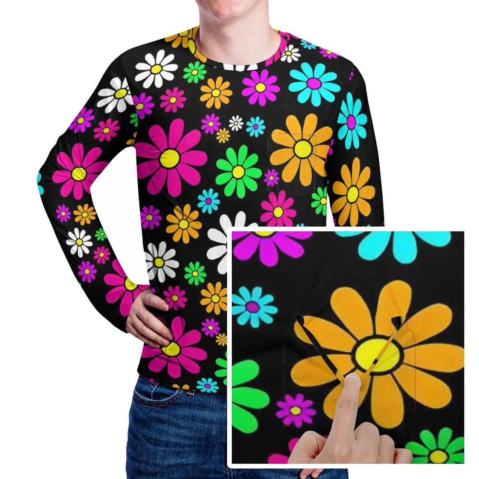 Flower Power T Shirt Man Hippie Groovy Daisies Basic T-Shirts Daily Trendy Tee Shirt Long Sleeve Graphic Oversize Clothes