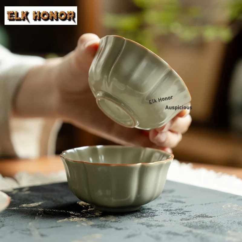 75ml Ru Kiln Chrysanthemum Petal Teacup Ancient Tea Bowl Jug Tea-tasting Meditation Cup Chazhan Master Cups Cafes Accessories