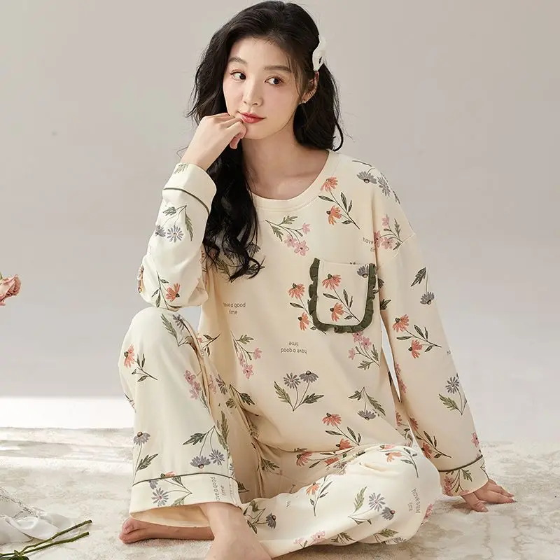 

Осень 2024, пижамные комплекты с длинными рукавами и принтом для женщин, корейская свободная одежда для сна, костюм, пижама, домашняя одежда, Pijama Mujer, женская домашняя одежда