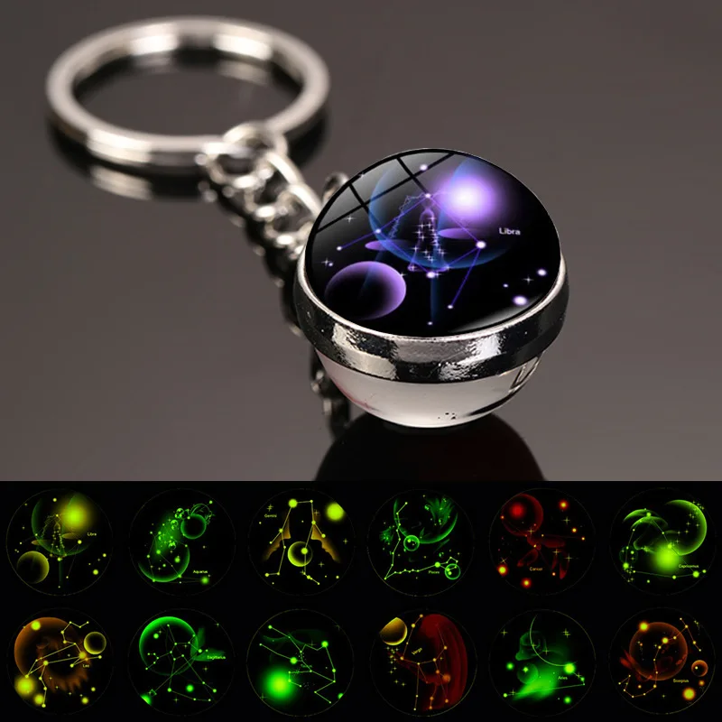 LLavero noctilucente de 12 constelaciones, colgante de cristal redondo luminoso de 2cm, Tauro/Escorpio/Leo, regalo de cumpleaños para mejor amigo y pareja