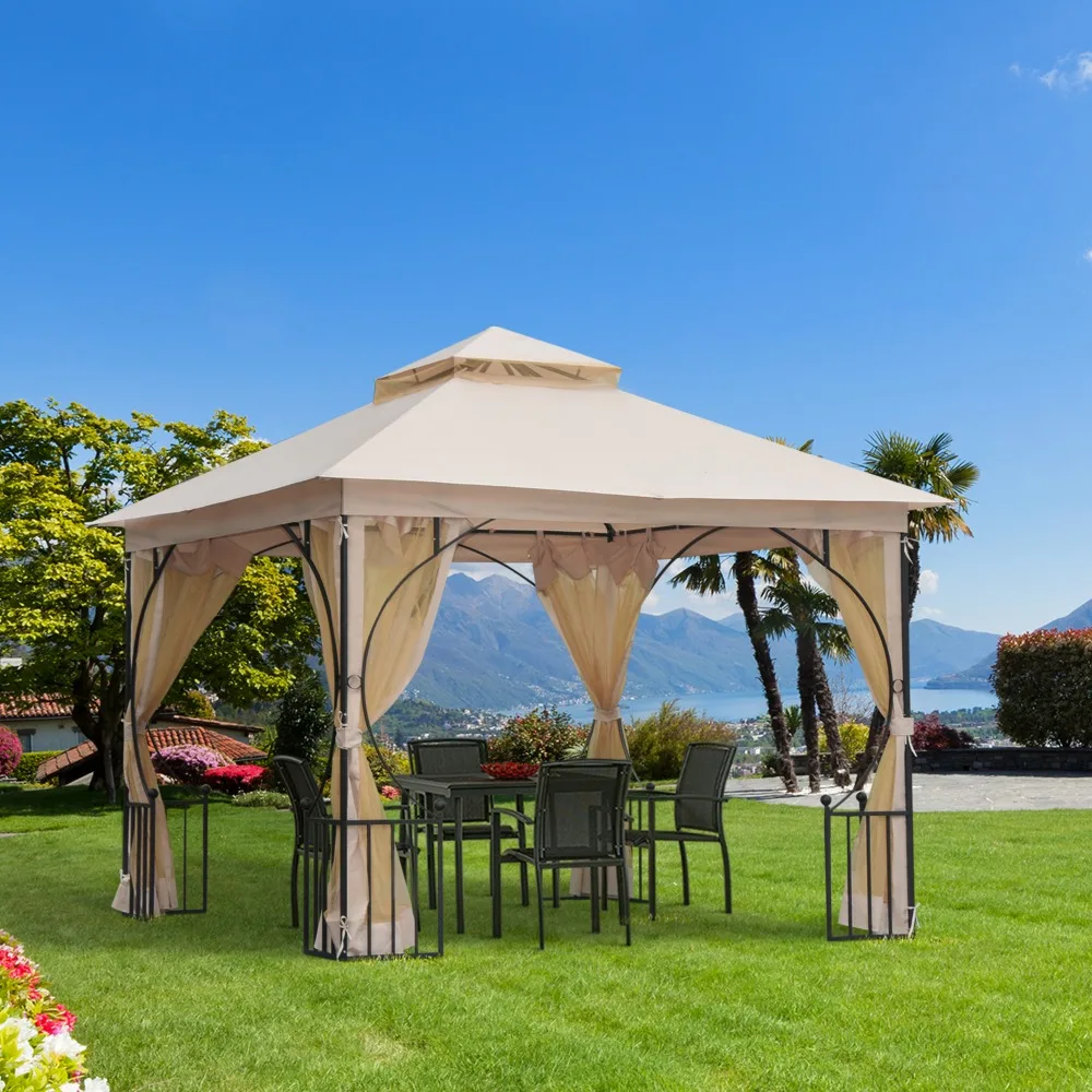 

10'x10' Garden Gazebo, Patio Party Shelter, 2 Tier Roof
