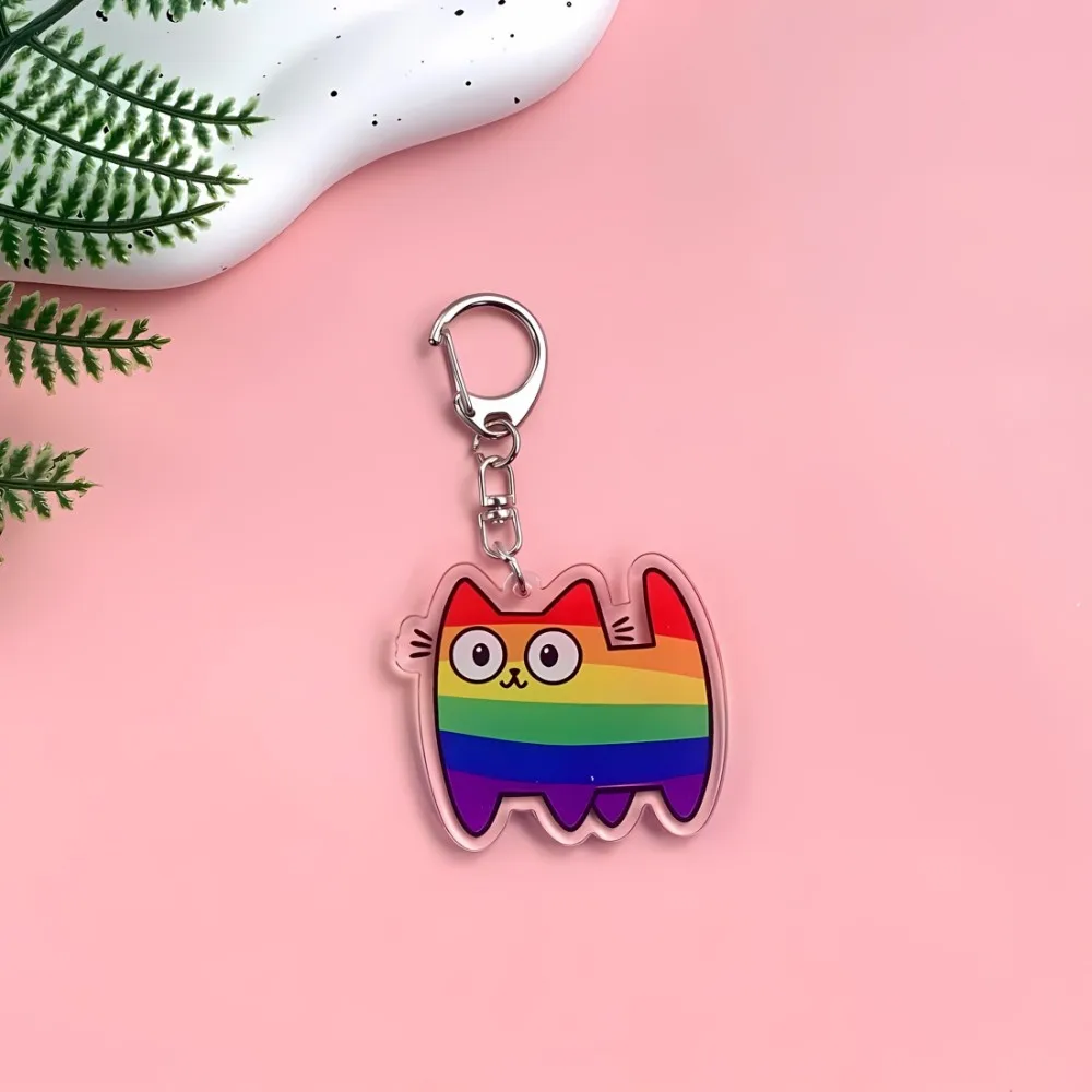 ✨ قوس قزح الكرتون القط المفاتيح ✨   سحر أكريليك ملون للأطفال البنات، إكسسوارات حقيبة مدرسية هدية كاواي لطيفة بتصميم أصلي