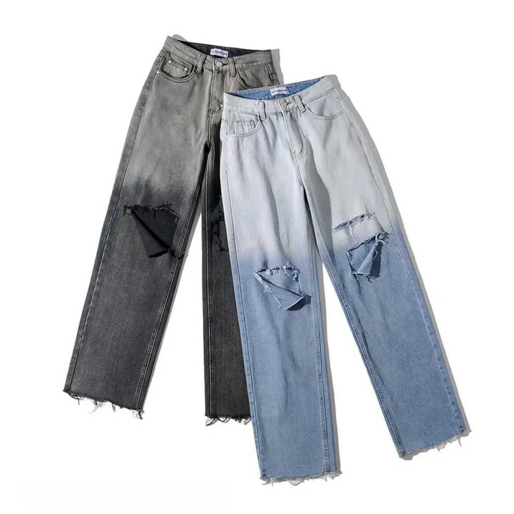 

YPFF High Waist Loose Straight Jeans for Women Gradient Color Knee Ripped Burr Edge Fashion European American Style