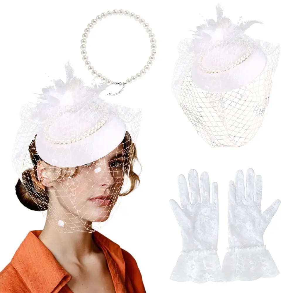 Женская шляпа с вуалью и перьями, погребальные шляпы для женщин, кружевные перчатки, жемчужное ожерелье, головные уборы Дерби для женщин, цвет бежевый, белый головной убор