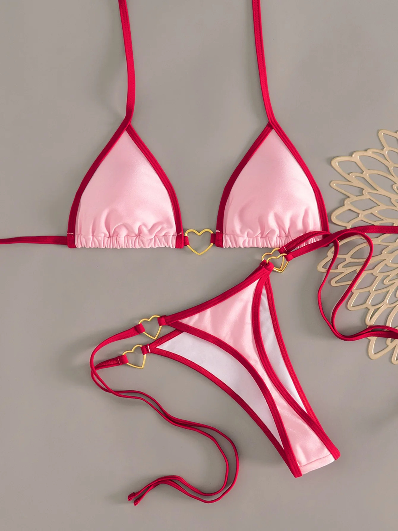 Sexy Pink Contrast Bikini Set 2026 Women Metal Hearter Push Up Swimsuit Brazilian Beach Bathing Suit Tie Side Thong Swimwear