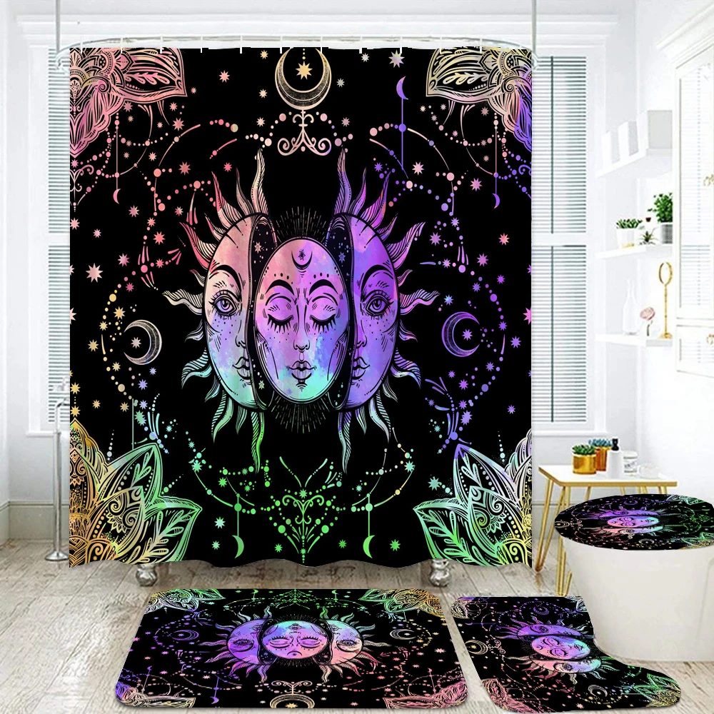 Psychedelic Sun Moon and Sun God Bohemia Shower Curtain Set Waterproof Bathroom Curtain Toilet Cover Bath Non-Slip Mat Rug Decor