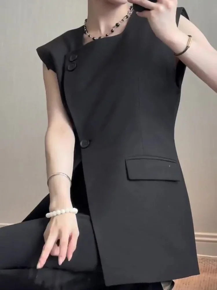 

Korean Black Suit Vest Spring Summer Hot Style Waistcoat Fashion Design Split Sleeveless Tops Female Vest Coats Jacket XQ49