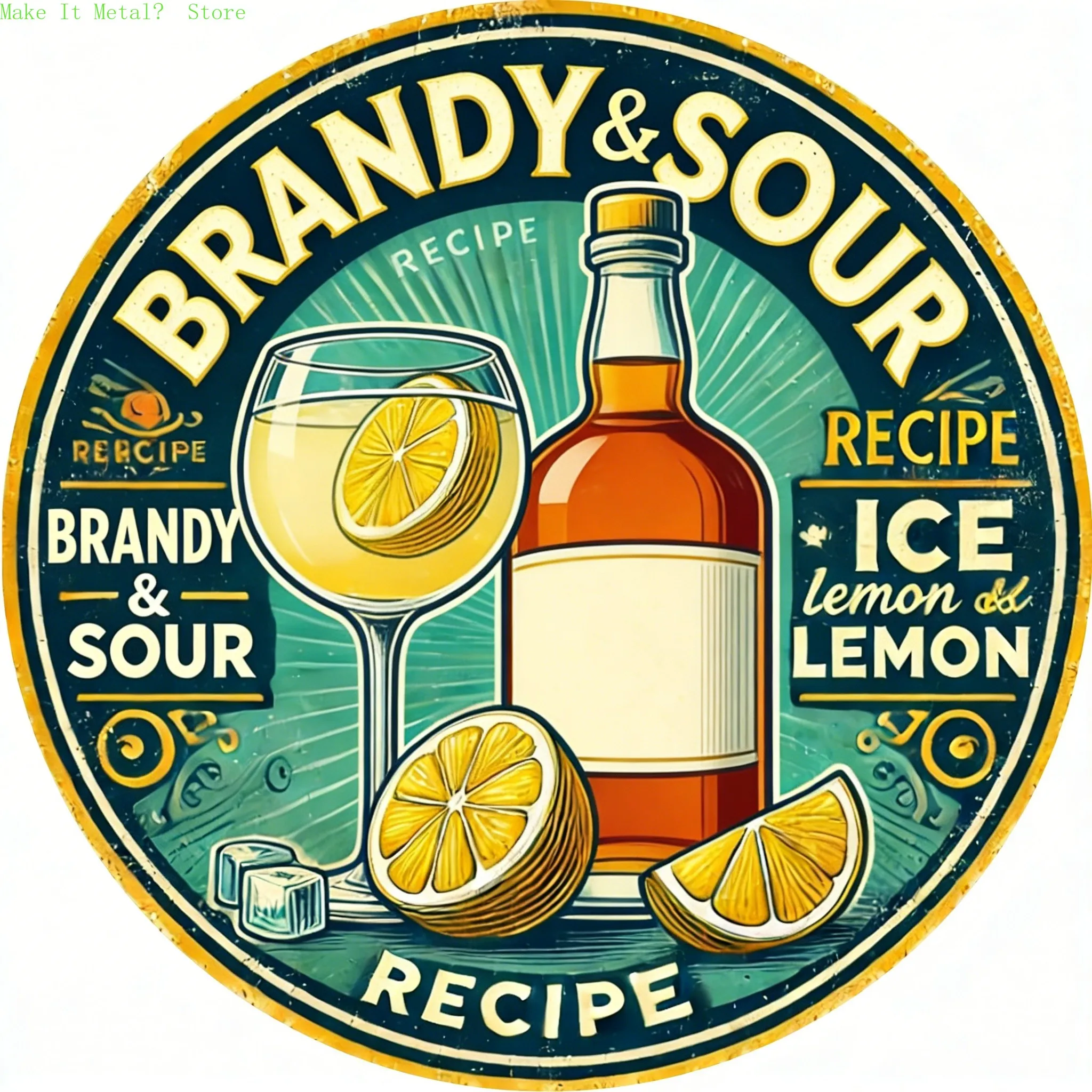 Letrero metálico con receta de cóctel retro "Brandy & Sour" - Decoración vintage para bar y cocina