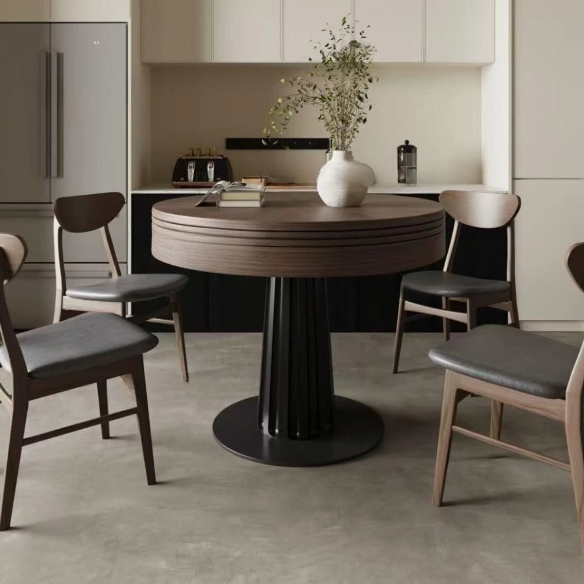 Rotary telescopic variable diameter rock slab dining table Deformed round dining table Folding with turntable Multifunctional