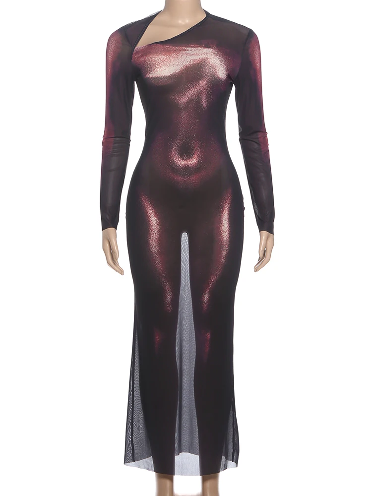 Vestido Maxi con estampado de Arte de Cutenew para mujer, cuello sesgado Irregular Sexy, manga completa, Delgado, elástico, Sexy, Bodycon a la moda de calle