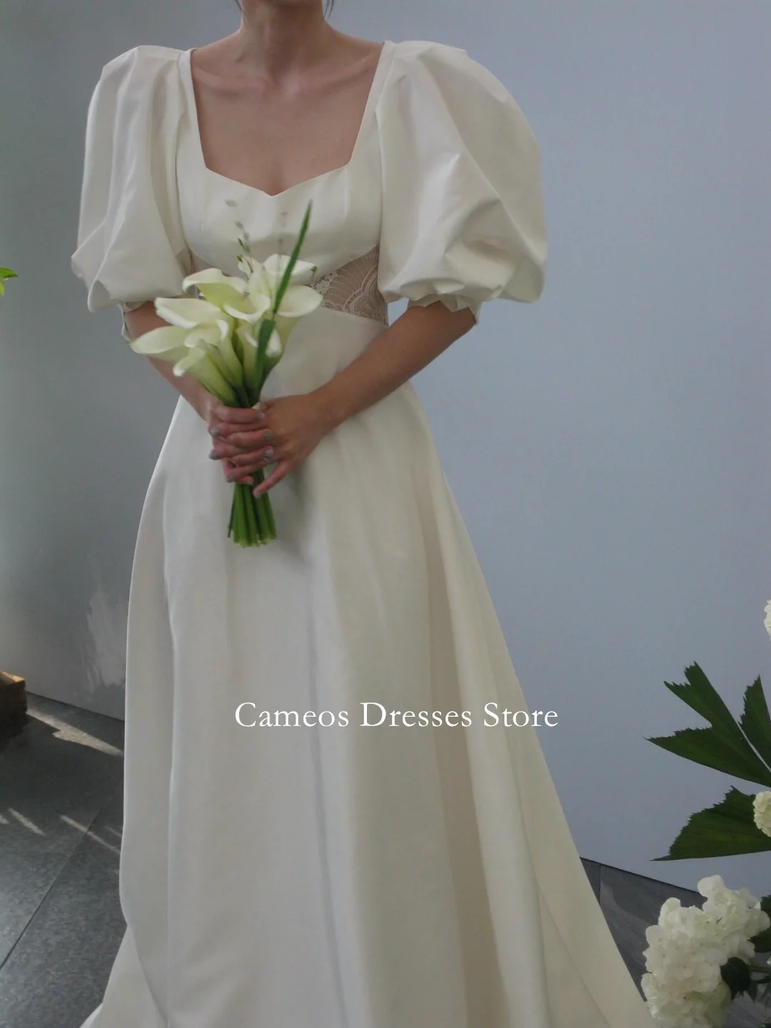 SONDR Customized Sweetheart Satin Puff Sleeves Ivory Wedding Dresses Ruched Simple Korea Brides Gowns Women Bridal Dresses