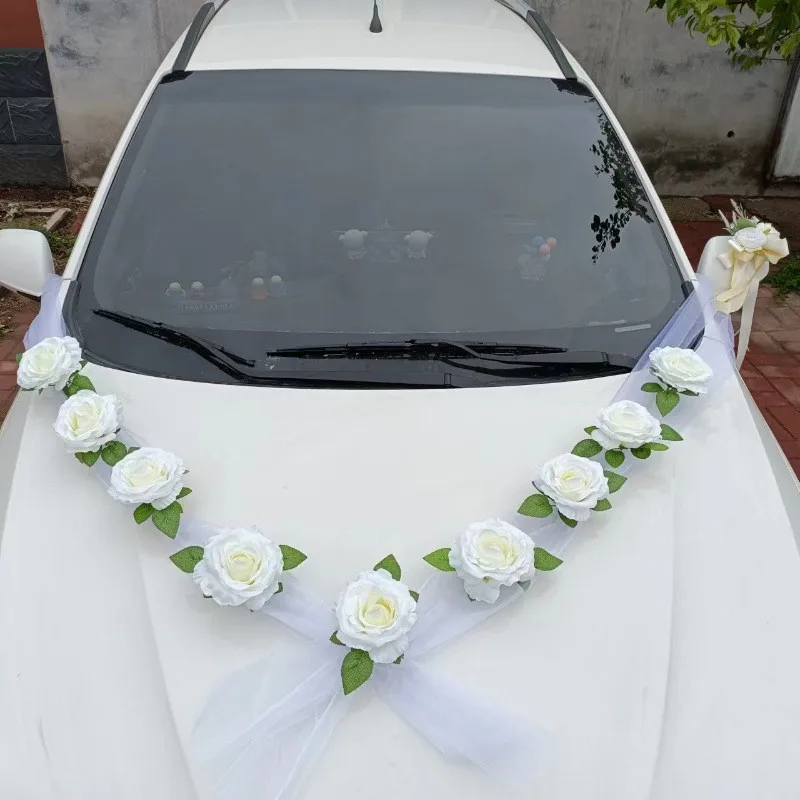 White Artificial Rose Wedding Car Decoration Set Romantic Organza Ribbon Floral Arrangement Bridal Vehicle Decor for Wedding