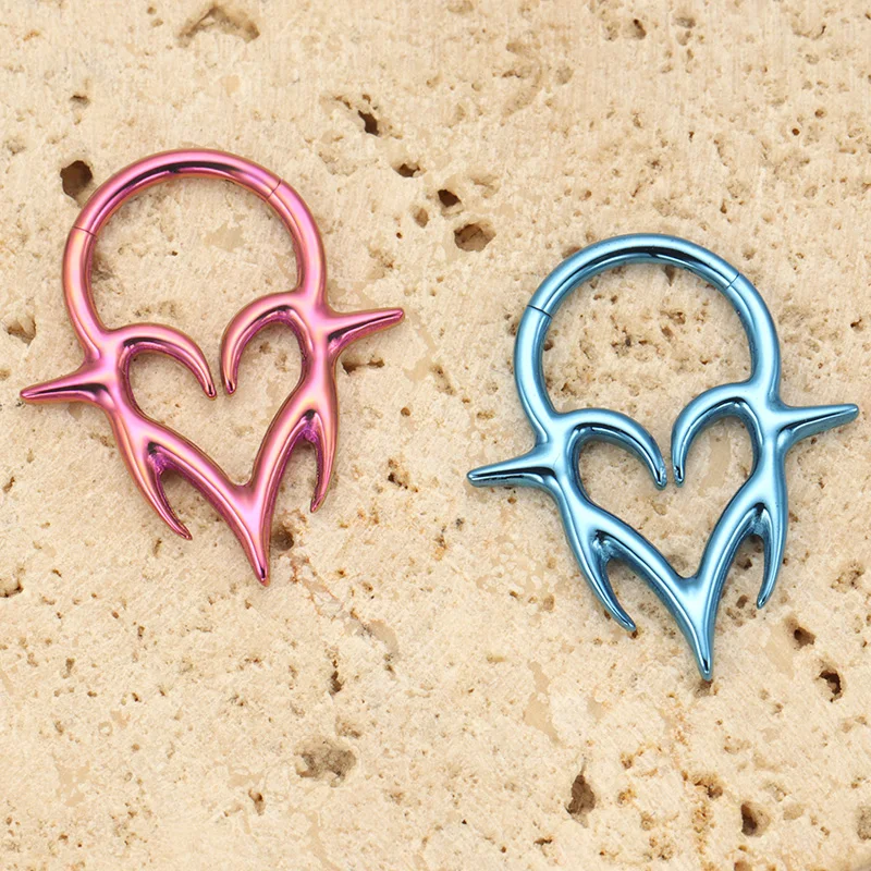 ASTM F136 TItanium Tribal Fangs Hinged Clicker SEG Septum Piercing Heart Totem Errings Forward Helix Anodized Punk Body Jewelry