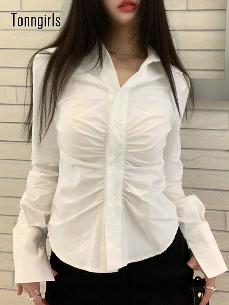 

Tonngirls Polo Turn Dowqn Collar Shirt Women Long Sleeve Blouse And Shirts Y2k Vintage Elegant Crop Tops American Retro Shirts