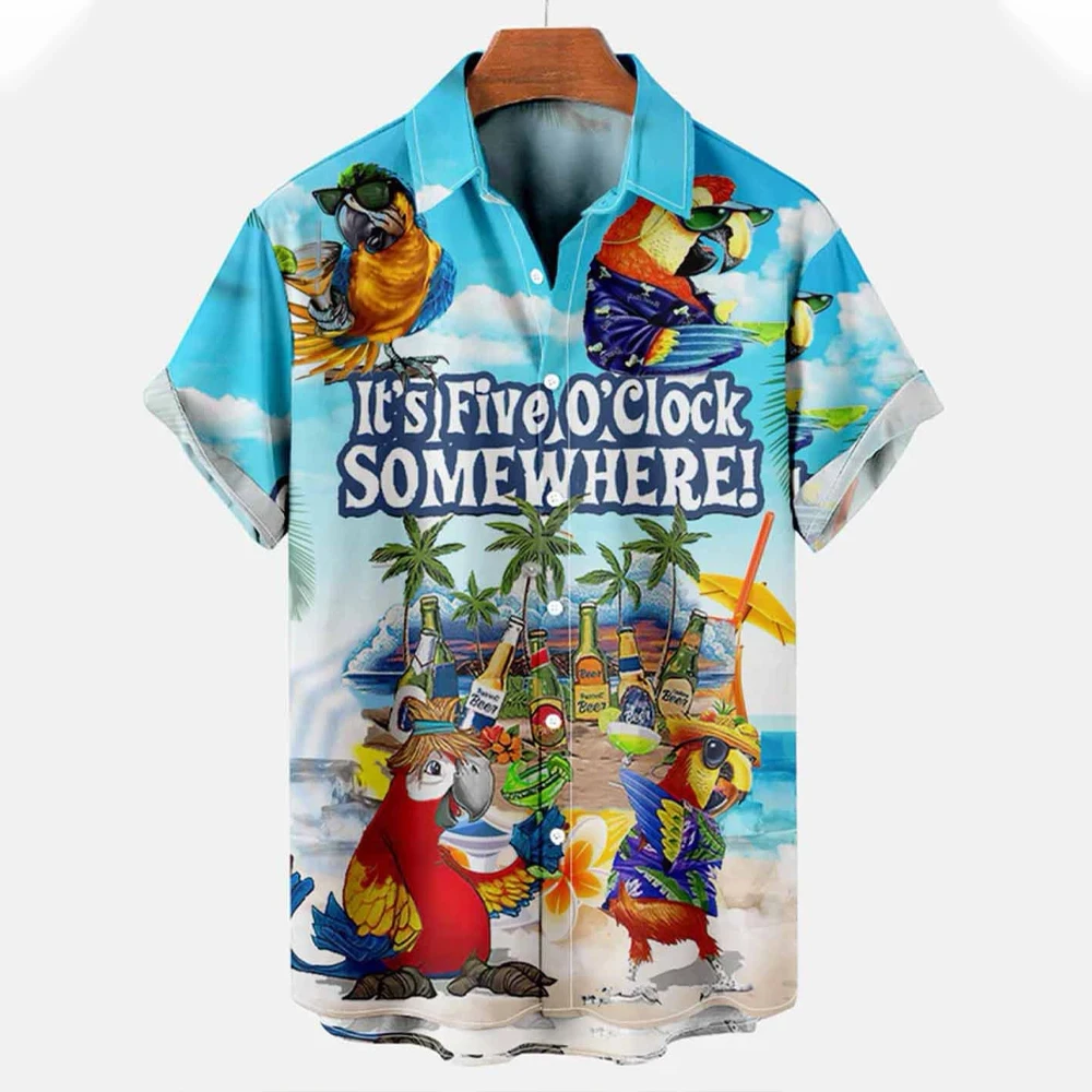 Hawaiian T-shirt Men's Shirt Parrot Print Short Sleeve Blouse Summer Beach Vacation Shirt For Men Fashion Lapel Men's Clothing