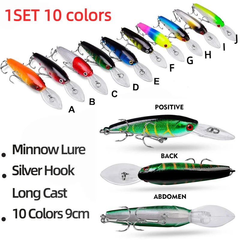 10PCS/Set 10 Colors Floating Minnow Crankbait Wobbler Hard Lure 9cm 8.3g Sharp 6# Treble Hook for Bass Perch Trout Pesca