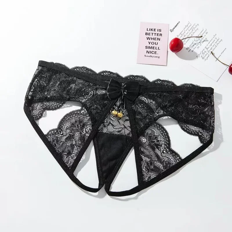 Sexy Panties Hot and Sweet Black Lace Hollow Out Triangle Underpants Women's Detachable War Robe Flirting Bell Perspective Thong