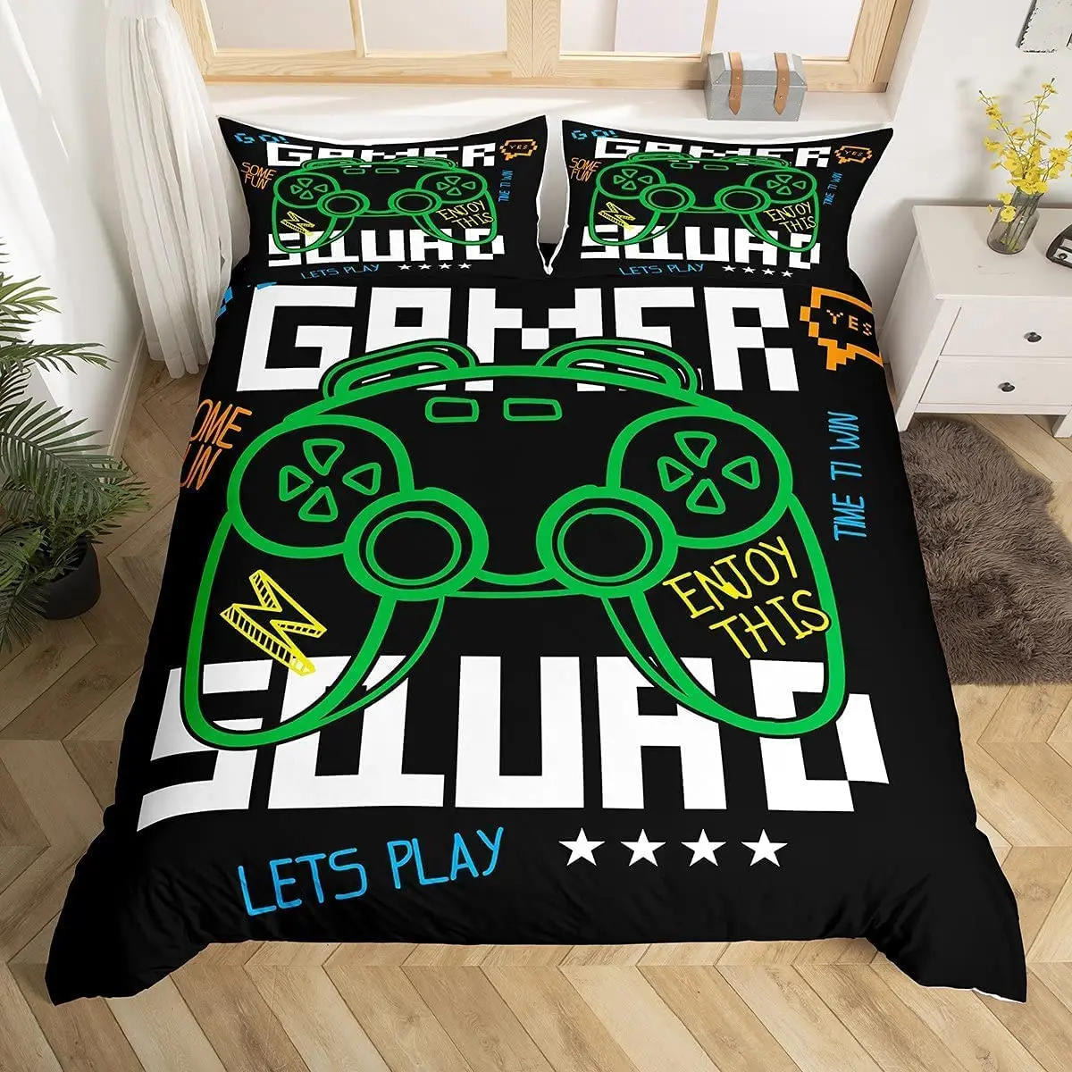 Gamepad Duvet Cover Set Queen Video Game Twin Bedding Set Microfiber Green Cartoon Gamer Pattern Electronic Theme Quilt Cover