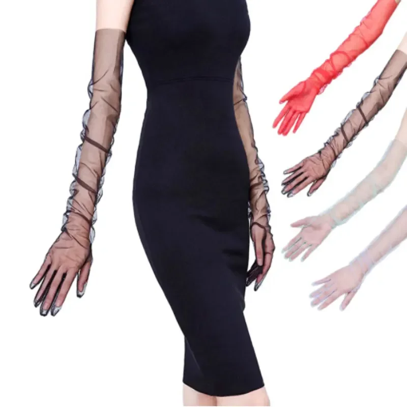 New Sexy Gloves Transparent Women Sheer Tulle Thin Mesh Wedding Driving Club Party Prom Dancing Dress Etiquette Long Glove