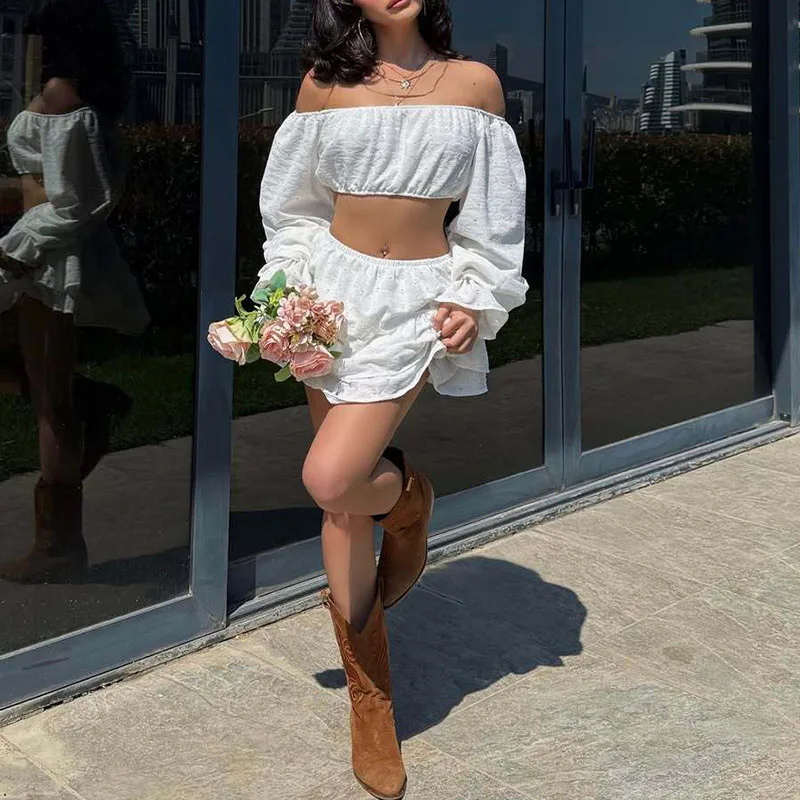 

Sexy Slash Collar Long Sleeve Crop Tops And Skirts Sets Casual Solid Slim Holiday Outfits Summer High Waist Ruffles Skirts Sets