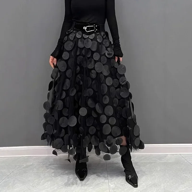 

3D Disc Embossed High-waisted Skirt for Women Korean Casual Elegant Mesh Double Layer Polka Dot A-Line Skirts Autumn 2025