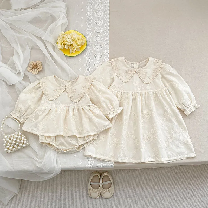 Spring Girls Long Sleeve Sweet Sisters Embroidery Dress Autumn Infant Newborn Rompers Kids Birthday Baby Princess Clothes Romper