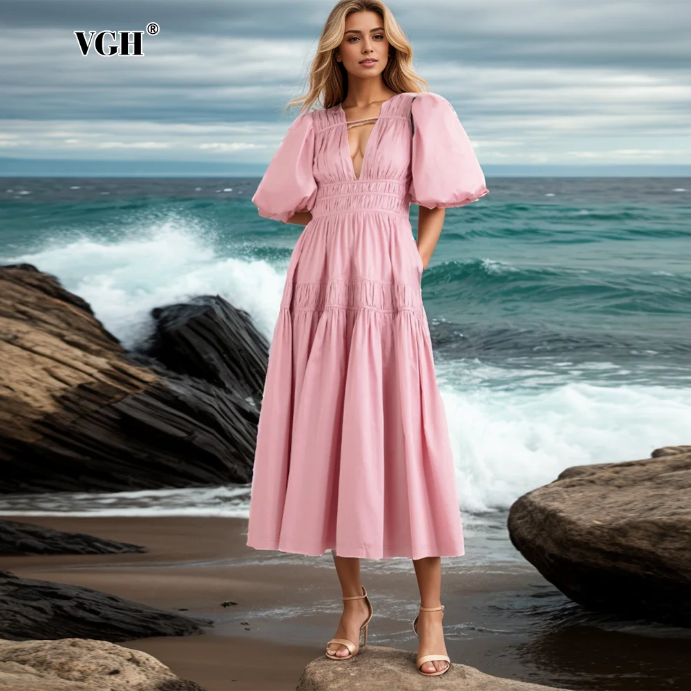 

VGH Elegant Patchwork Folds Solid Dresses For Women V Neck Puff Sleeve High Waist Hollow Out Loose Long Dress Female Fashion New