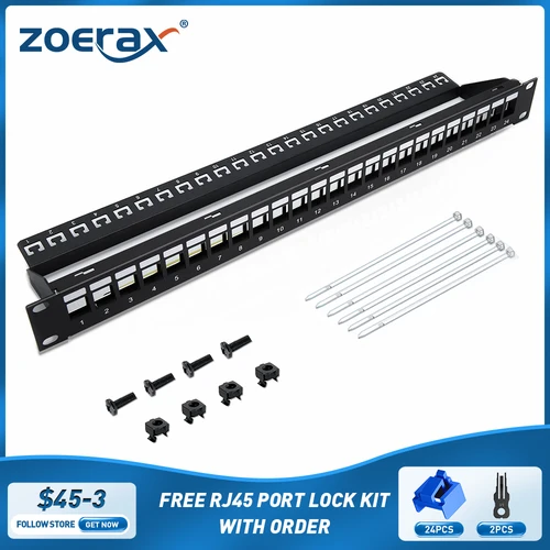 ZoeRax Panel de conexión RJ45 de 24 puertos Alimentación Cat6/Cat6a/Cat7, Panel de conexión de red acoplador RJ45 de 19 pulgadas