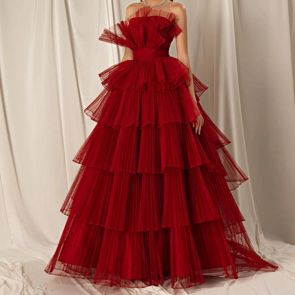 

Customized Organza A-Line Tiered Evening Dress Scalloped Sleeveless Floor Length Panel Train Burgundy Bespoke Occasion Gowns