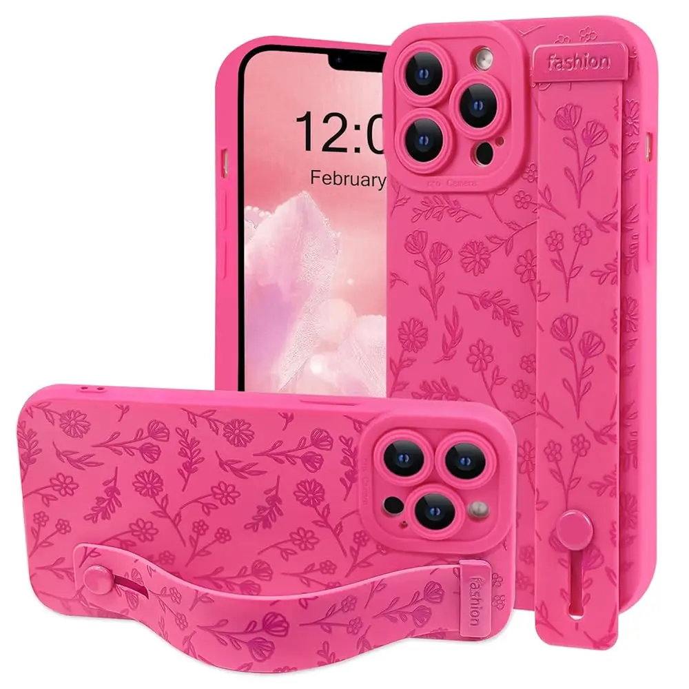 

Compatible with iPhone 12 Pro Max Case Cute Floral Flower Leaves for Women Girls with Wrist Adjustable Hand Strap Kickstand