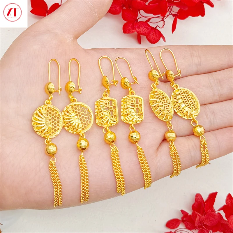 XT Jewellery Korea 24k Hollow Geometric Tassel Earrings Fashion Woman 916 Original Gold Plated