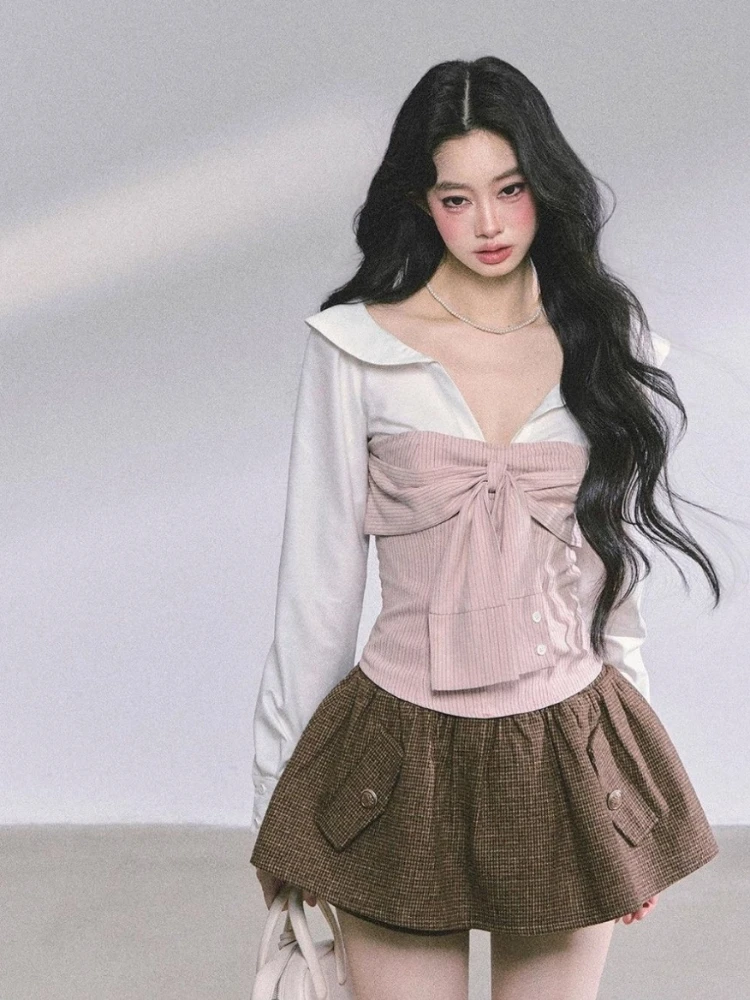 

2025 Women's Sweet Edgy Vintage Patchwork Top - White Collar Pink Bow-Tie Corset Blouse, Slim-Fit Retro French-Girl Shirt