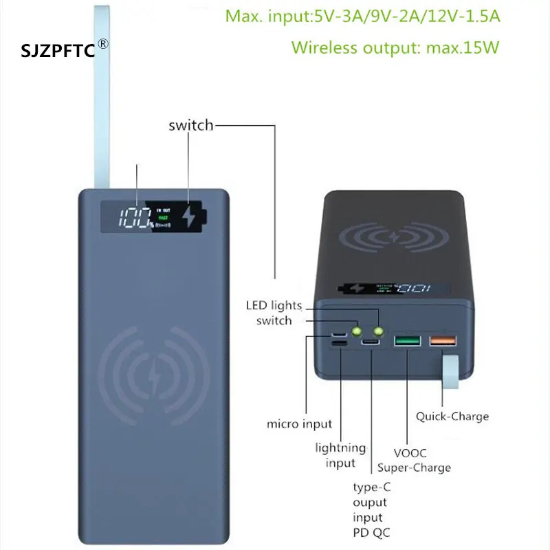 DIY Big-capacity Power Bank Shell 5V 9V 12V 5A USB QC4.0 PD 22.55W Super-Charge VOOC Wireless Charge 18650 Li-ion Battery cell