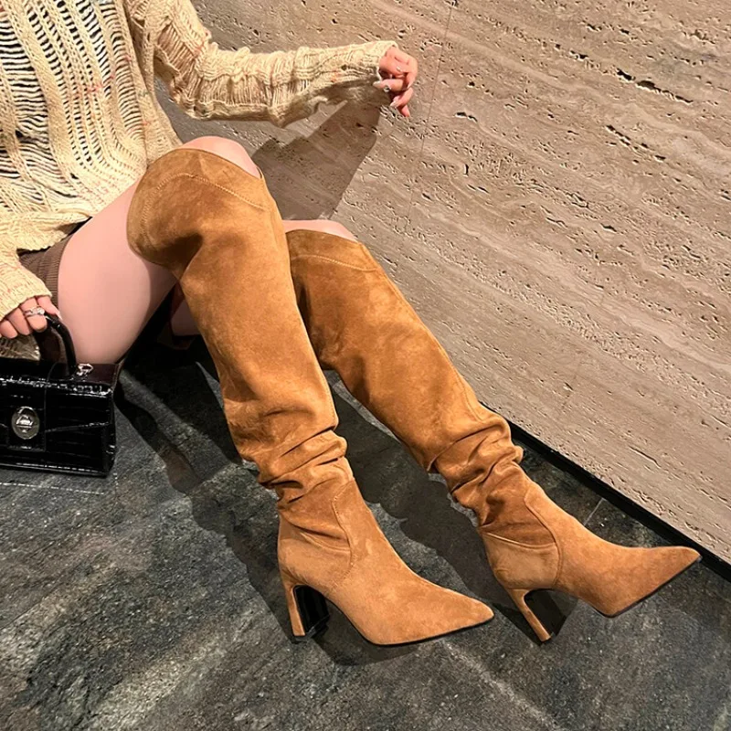 Black Caramel Colored Pleated Lazy Knee High Boots Spicy Girls High Heels Fashionable Large Circumference Long Boots Size 34-42