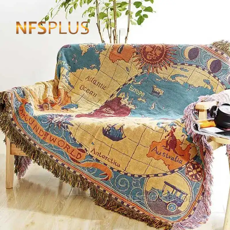 World Map Sofa Throw Blanket With Tassels 130x180cm Cotton Knitted Bed Spread Covering Quilt Floor Mat Carpet Table Chair Covers