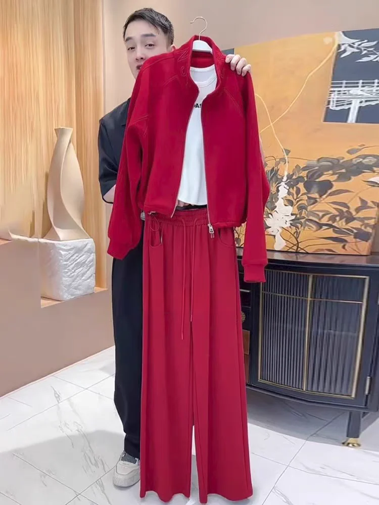 

Spring 2026 Women's Sporty Wide Leg Pants Set Red Slimming Top Bottoms Two Piece Suit Casual Street Style Fashionable