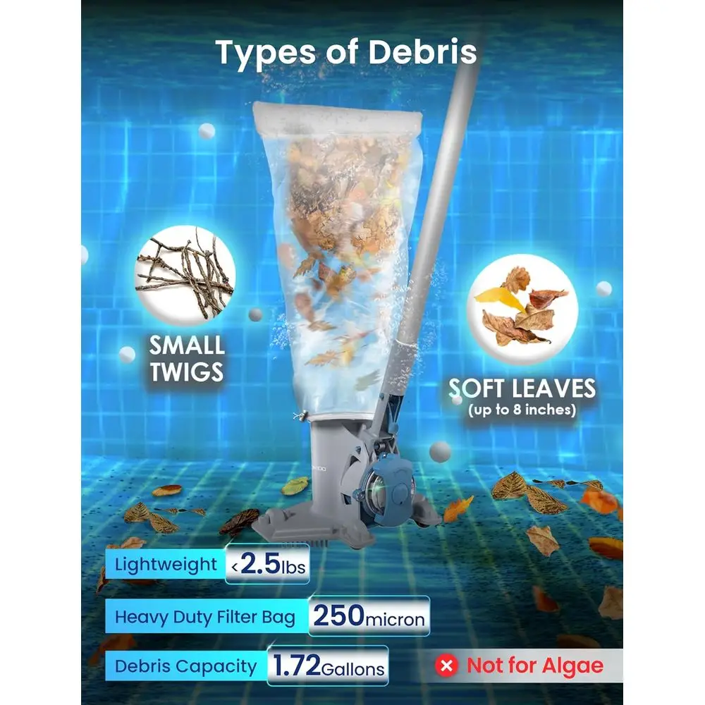 中型充電式プール掃除機、75分間稼働、特大の葉やゴミフィルター、地上設置型プールにも最適