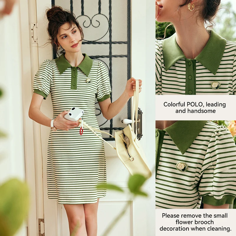 OLrain Women Summer Dress 2026 French Style Contrast Color Polo Neck Striped Dresses A-line Puff Sleeve Ladies Dress O23XL80895